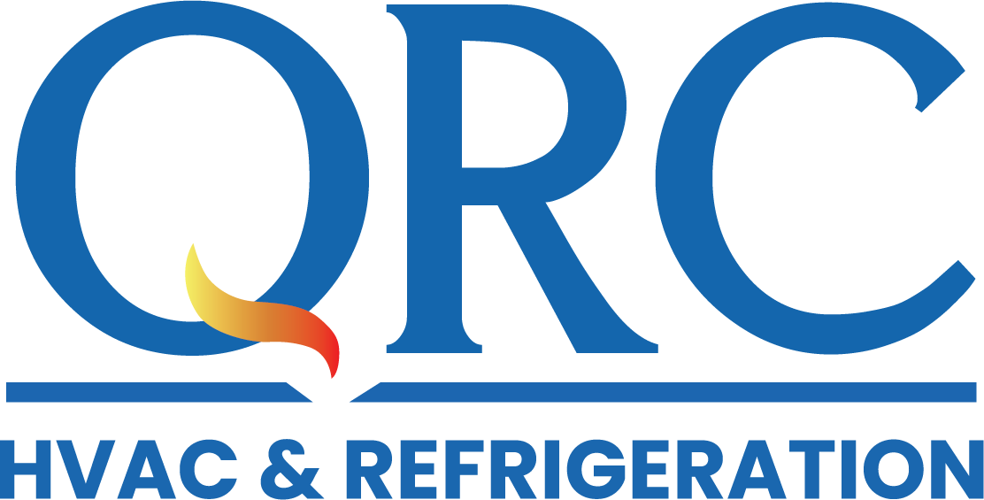 The logo shows "QRC HVAC & Refrigeration" in blue text, with a flame design incorporated into the letter "Q.