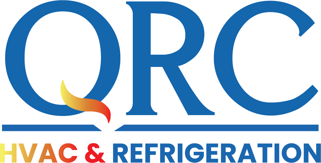 QRC logo with "HVAC & REFRIGERATION" text below; "HVAC" in gradient orange-yellow, "REFRIGERATION" in blue, and a flame icon integrated into the letter Q.