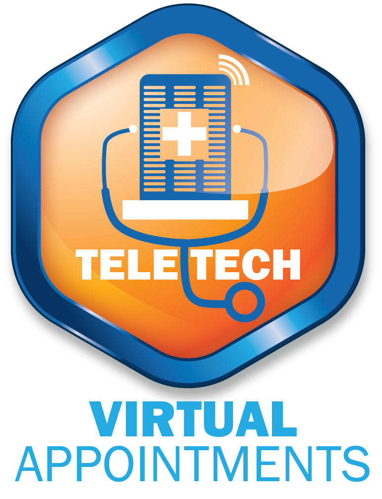 Blue and orange badge with a stethoscope around a tablet displaying a medical cross, labeled "TELE TECH" above the text "VIRTUAL APPOINTMENTS. Blue and orange badge with a stethoscope around a tablet displaying a medical cross, labeled "TELE TECH" above the text "VIRTUAL APPOINTMENTS.