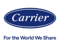 Carrier logo in white text on a blue oval, with the slogan "For the World We Share" written below in blue letters on a white background.