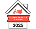Angi Super Service Award 2025 logo featuring a house outline with “Angi” on top and a red banner labeled “Super Service Award 2025” across the middle.