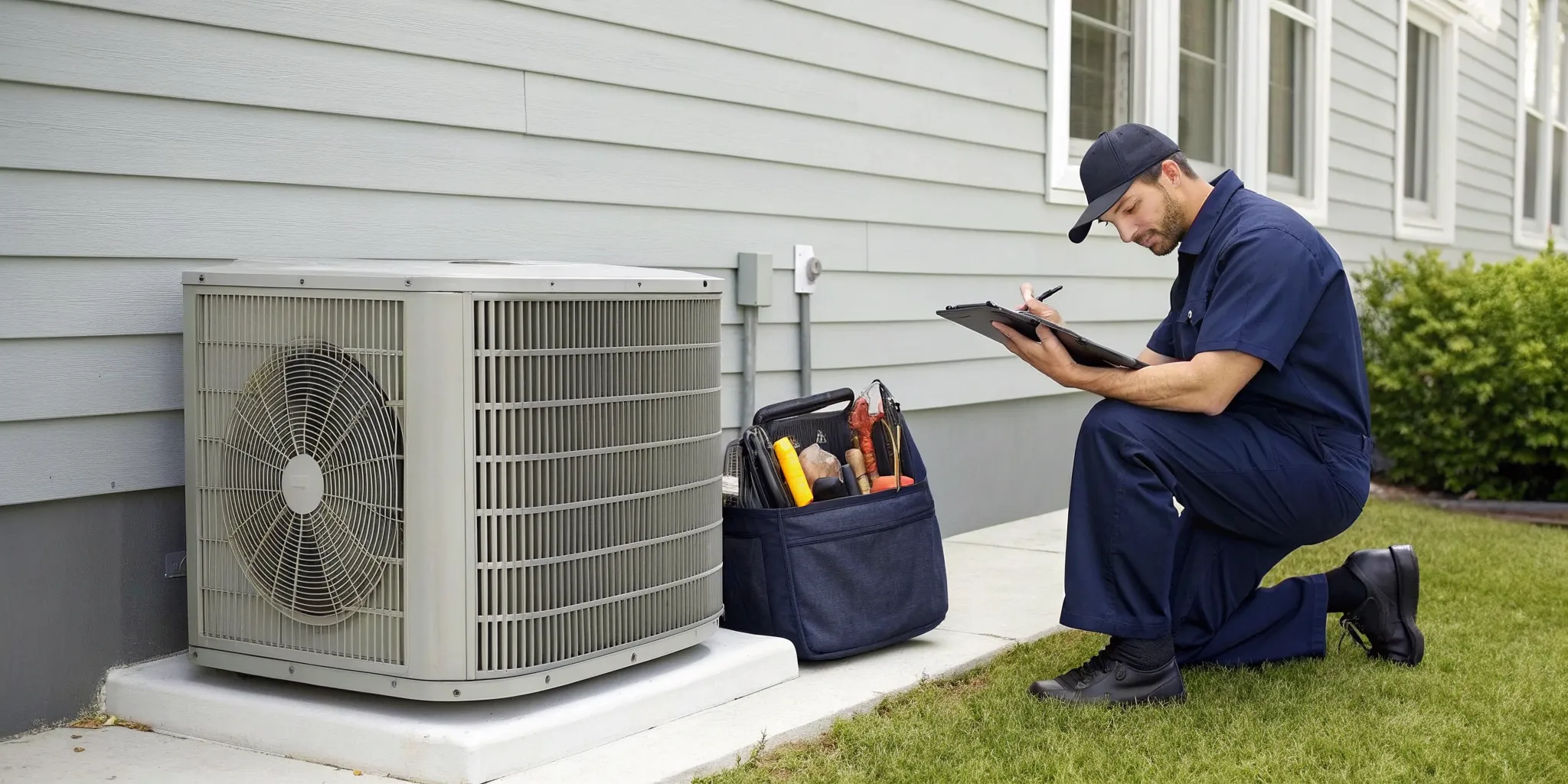 A technician in uniform kneels outdoors beside an air conditioning unit, writing on a clipboard with a tool bag placed next to him.
