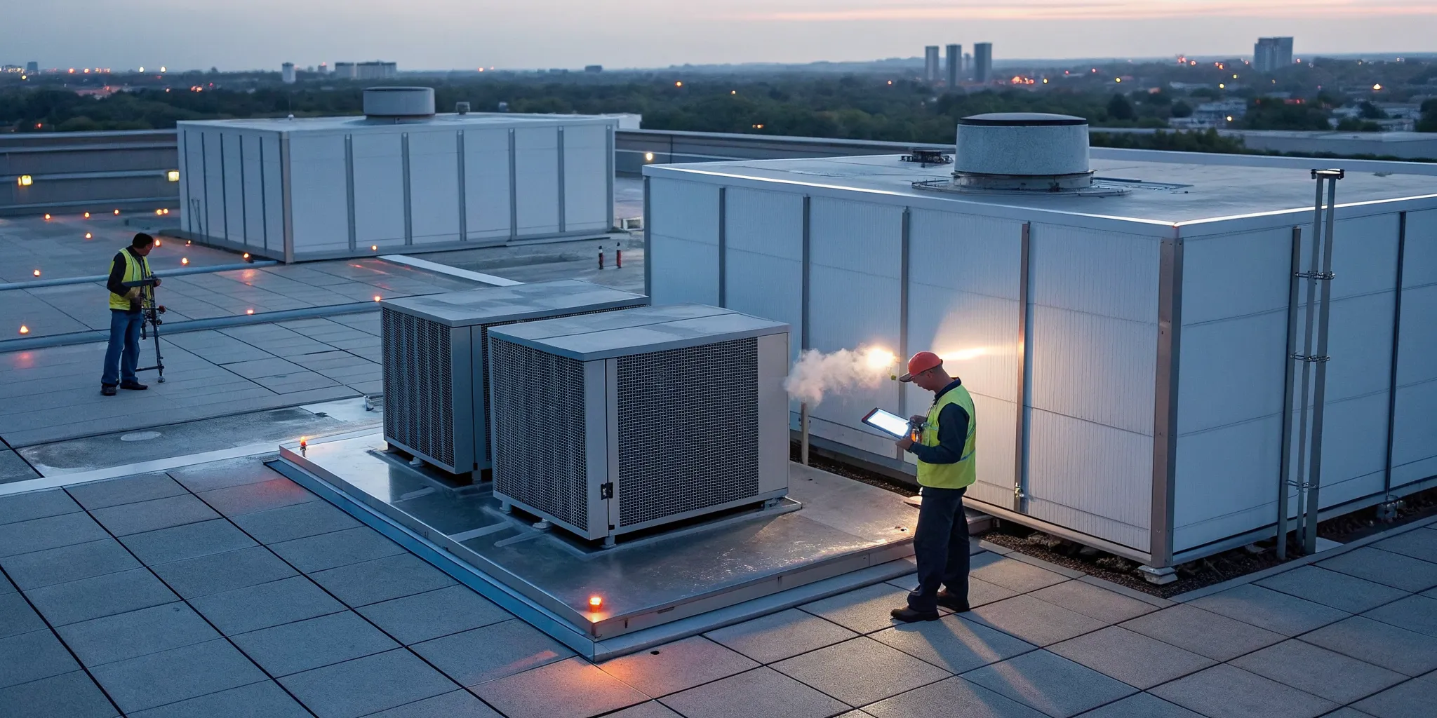 Two workers in safety vests inspect rooftop HVAC units on a commercial building at dusk; one uses a tablet near emitting vapor.