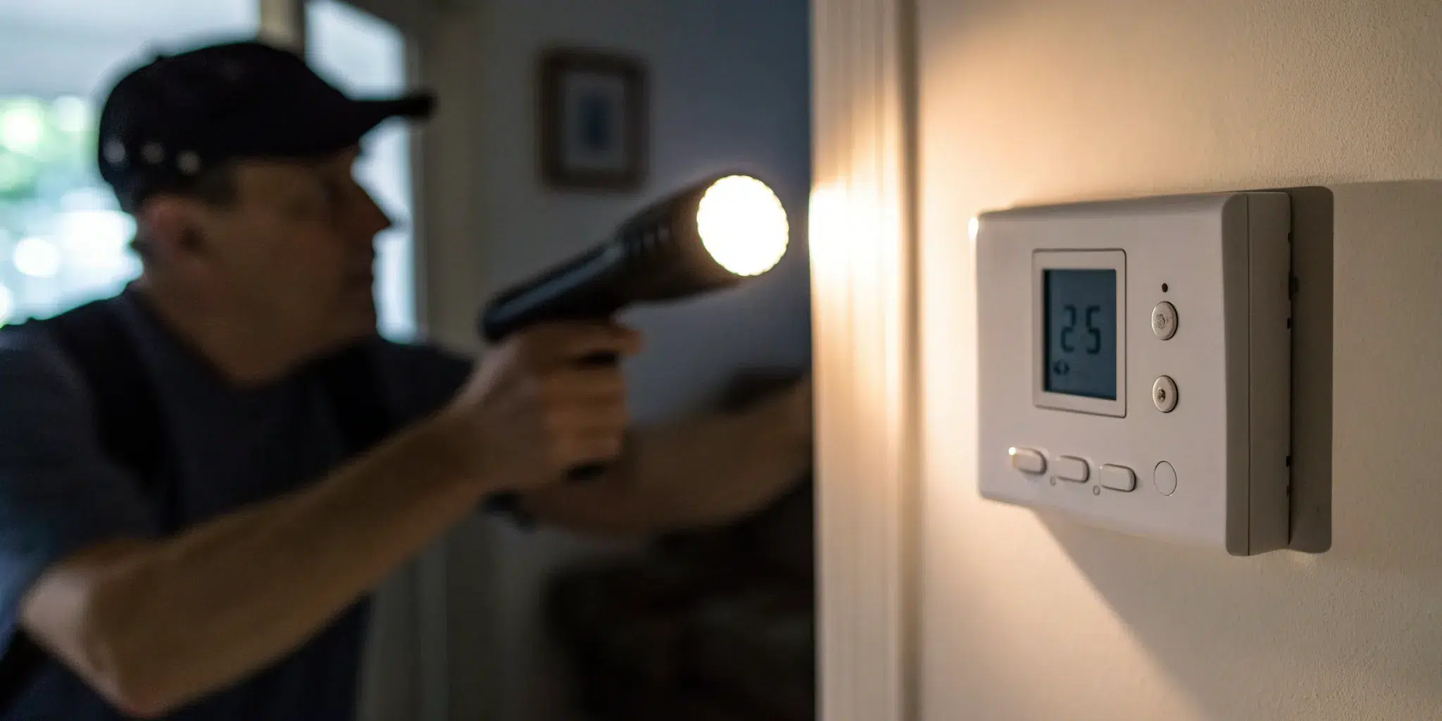 24 hour emergency heating repair service with a technician inspecting a thermostat.