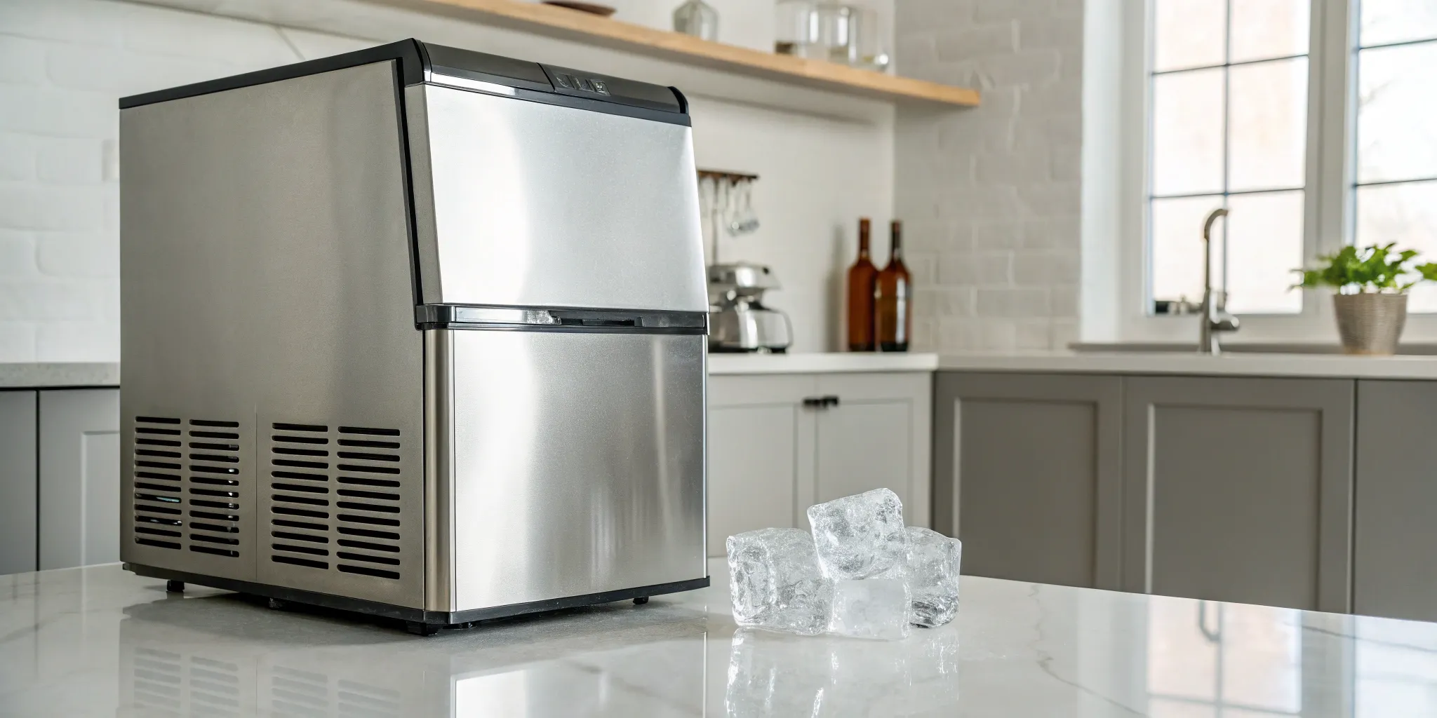 One of the best commercial ice makers on a countertop, with a scoop of fresh ice.