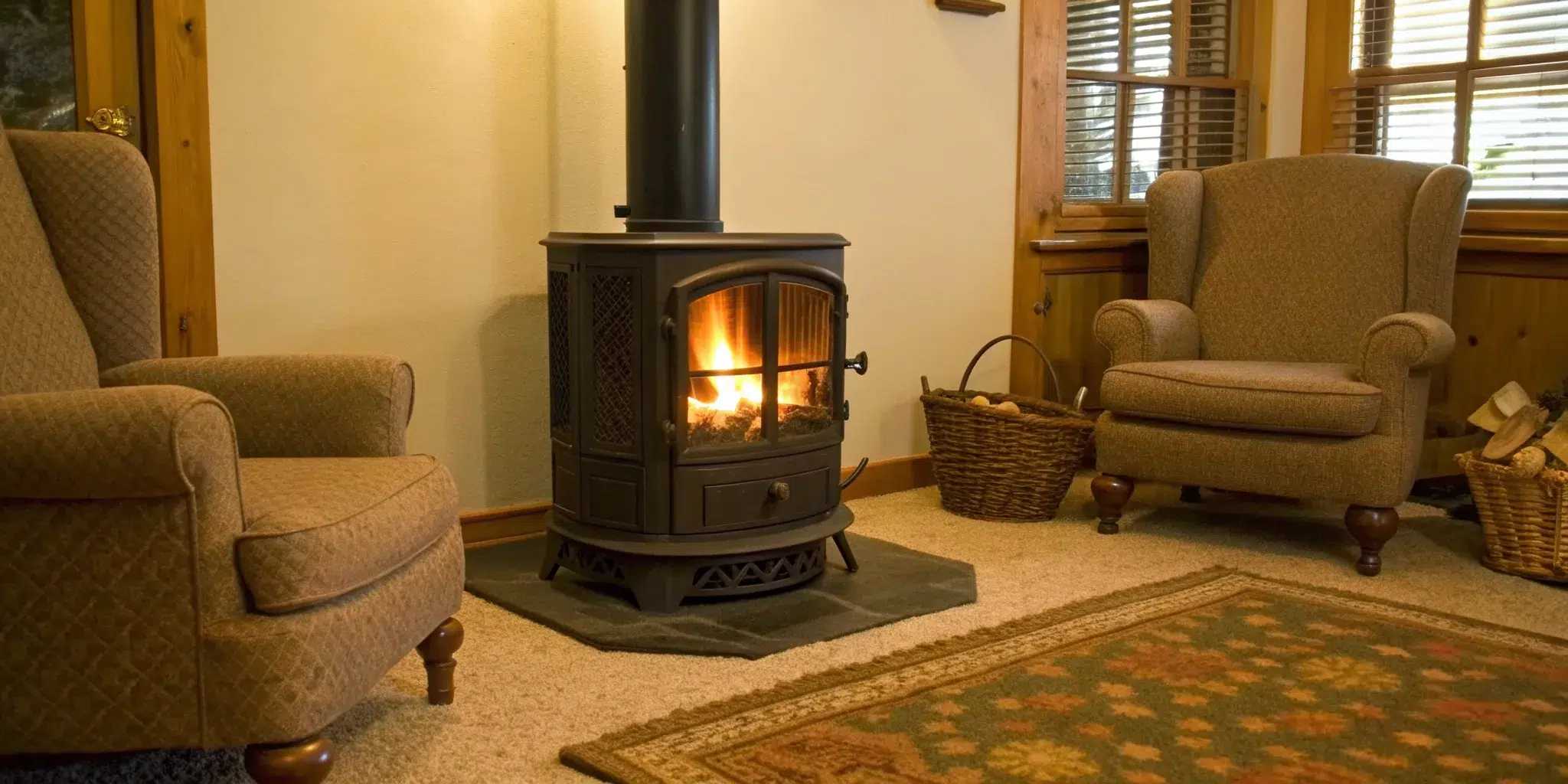 A home furnace in a living room that may require professional repair services.