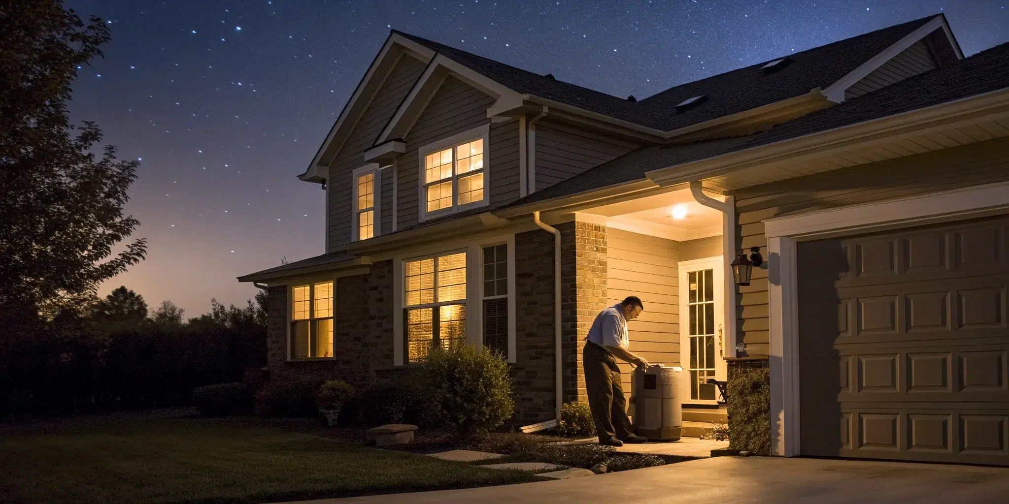 A homeowner inspects their HVAC unit at night for an emergency repair.