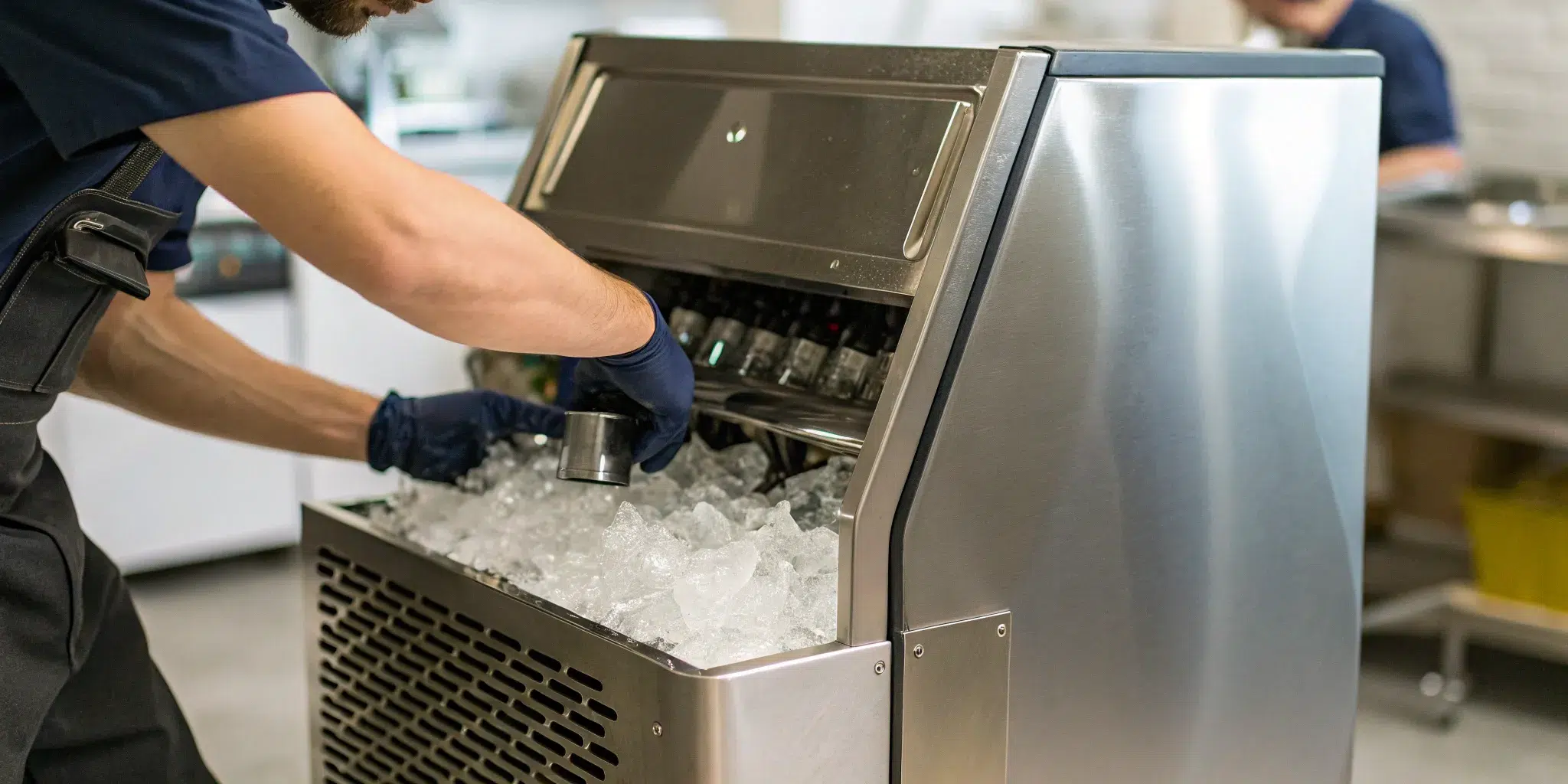 Professional technician completing a commercial ice machine installation.