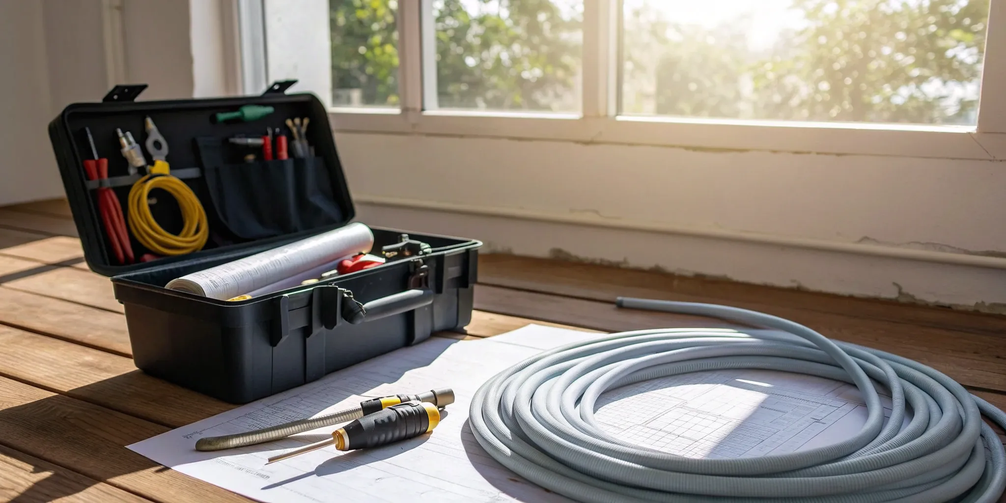 AC air repair tools laid out on the floor before a service call.