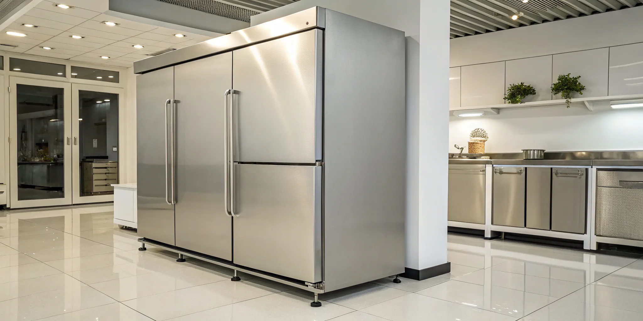 Upright stainless steel commercial freezer for sale in a professional kitchen.