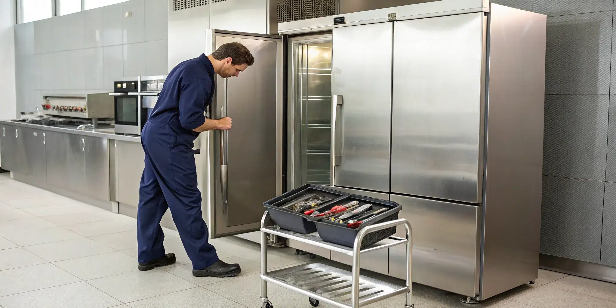 Technician performing a commercial refrigeration repair on a stainless steel unit.