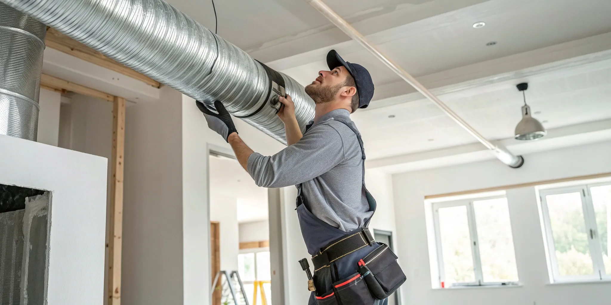 A technician installs new ductwork, part of the total cost to install a complete HVAC system.