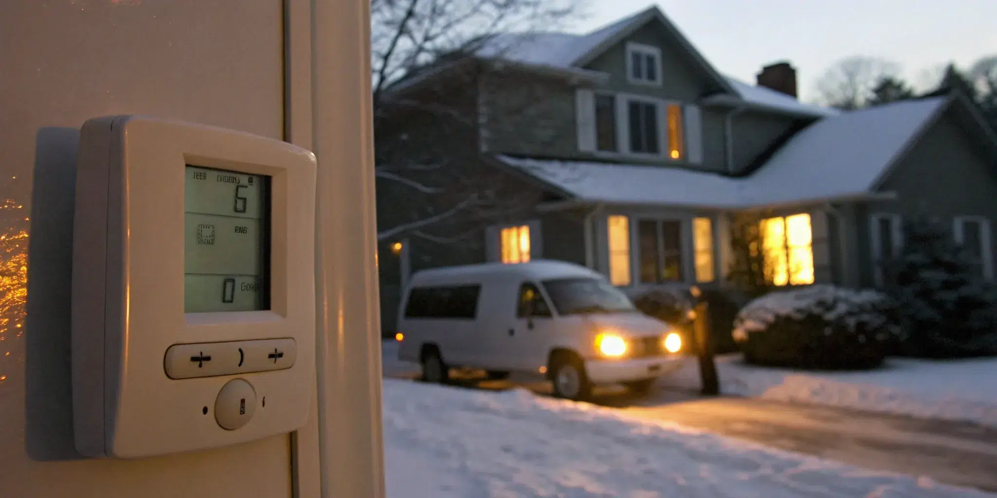 A thermostat on a wall as a repair van arrives at a snowy home for an emergency heating repair.