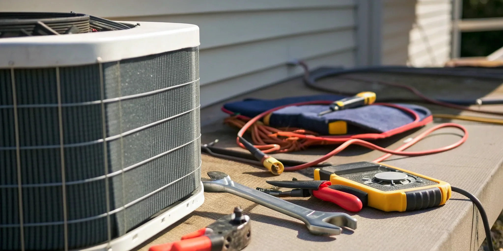HVAC technician's tools prepared for an emergency repair on an outdoor AC unit.