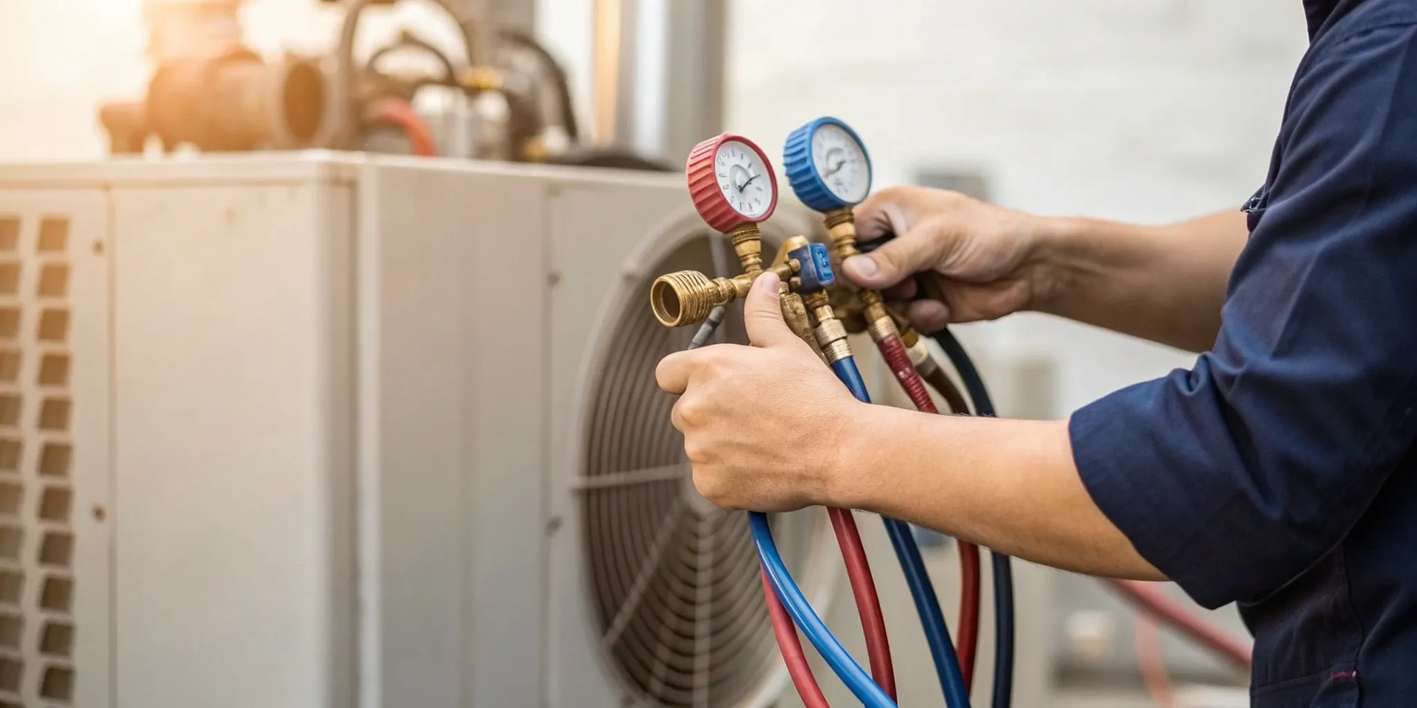 Technician repairing a heat pump reversing valve with manifold gauges.