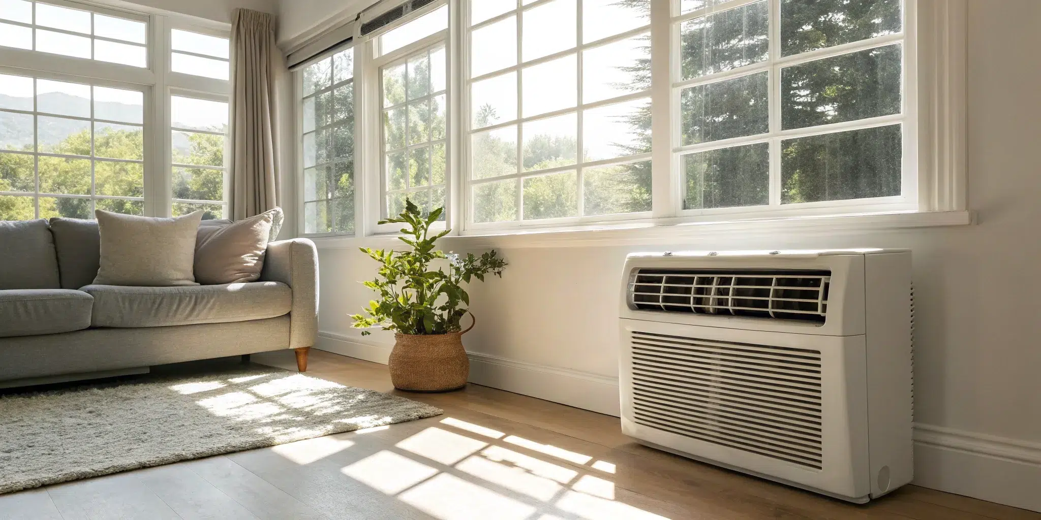 The cost of a new air conditioner, featuring a modern unit installed in a bright living room.