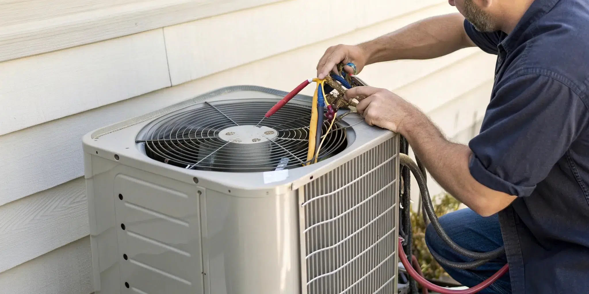 Technician repairing an outdoor AC unit with diagnostic tools.
