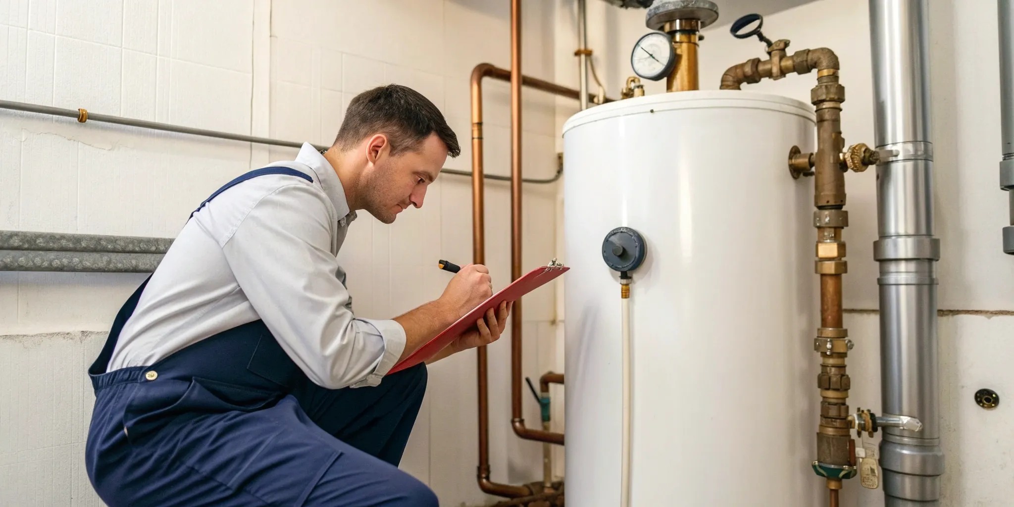 A technician from a boiler repair company inspects a boiler for repair.
