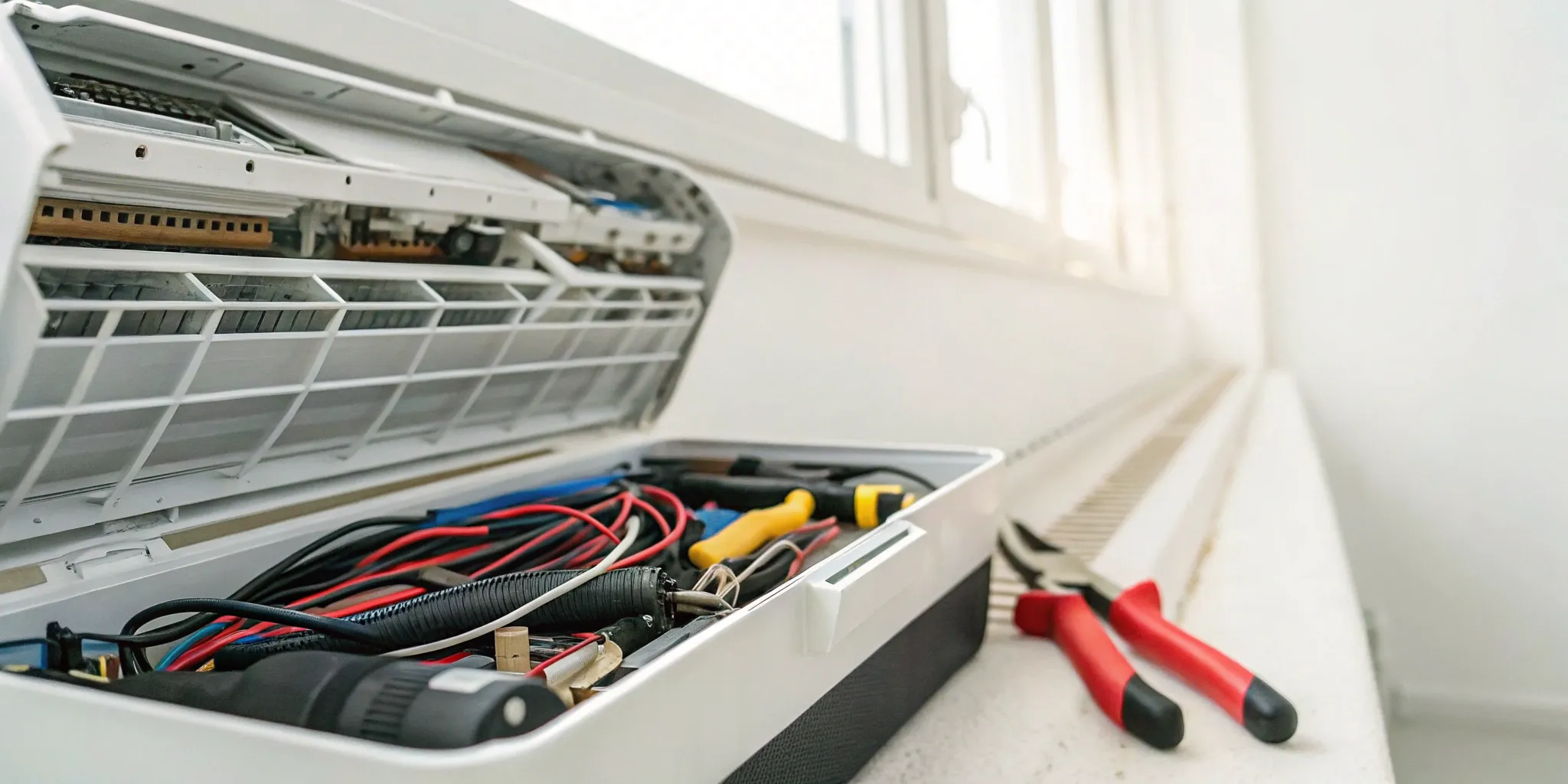 Electrical tools next to the exposed wiring of a 220v mini split unit.