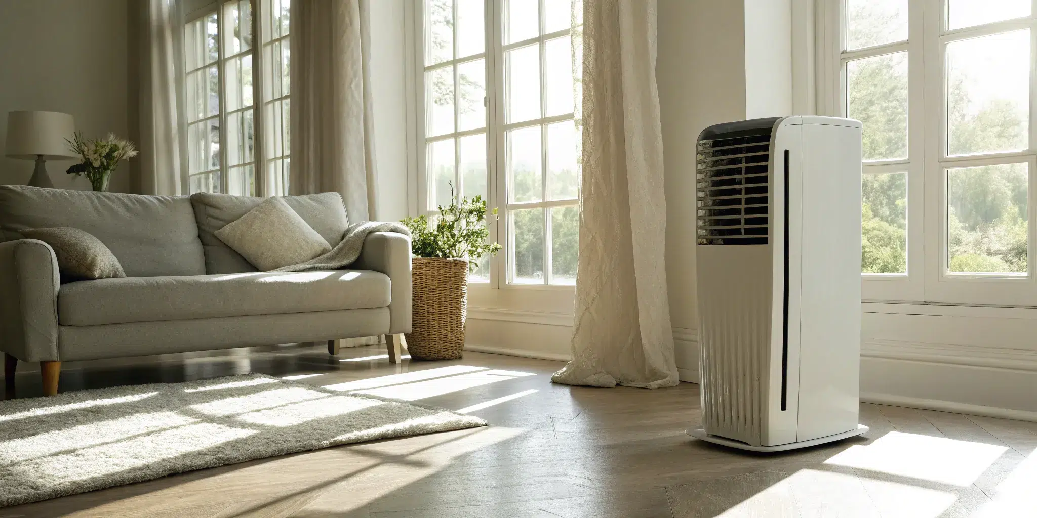 A new portable air conditioner in a living room, factoring into the total new air conditioner cost.