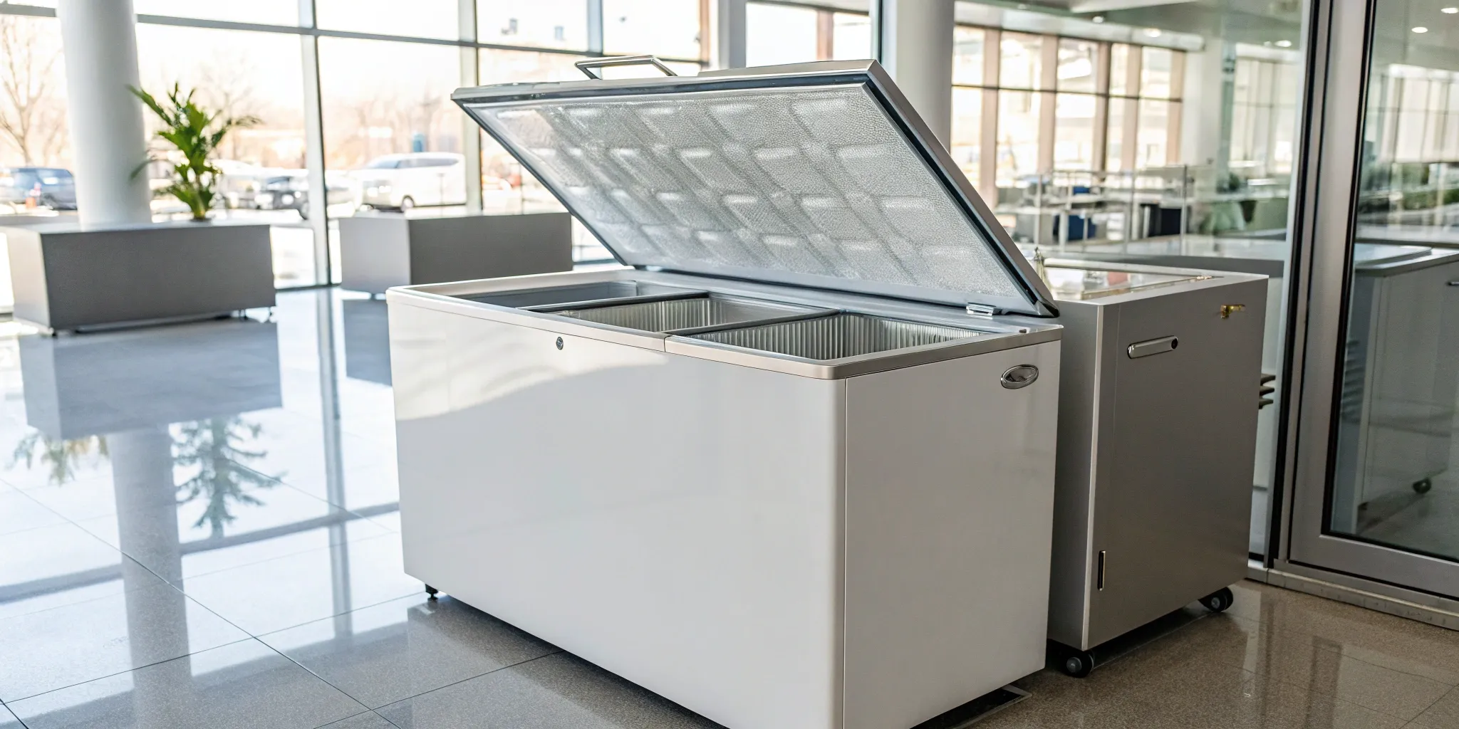 A commercial chest freezer with its lid open, displaying a spacious interior and durable construction.