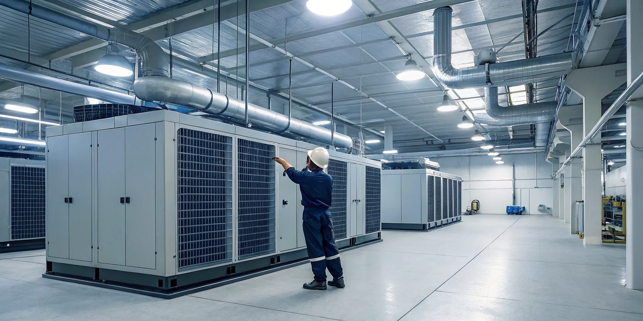 Technician performing an industrial HVAC installation on a large air handling unit.