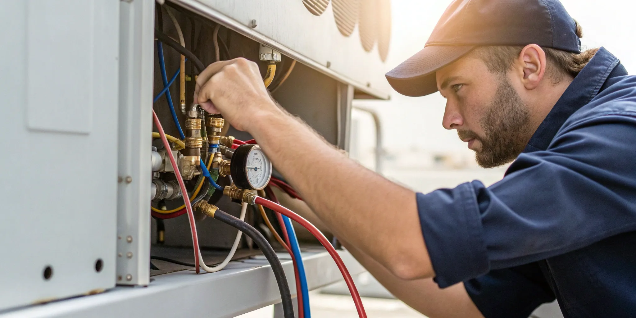 Technician performing preventive maintenance on an HVAC system.