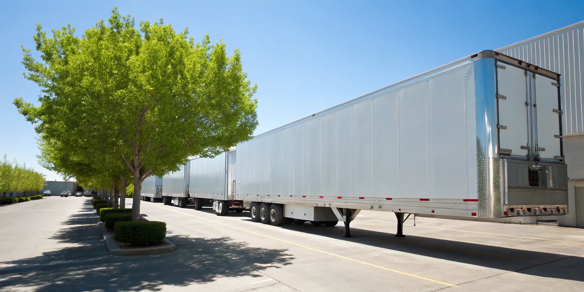 Refrigerated trailer rental parked outside a warehouse.
