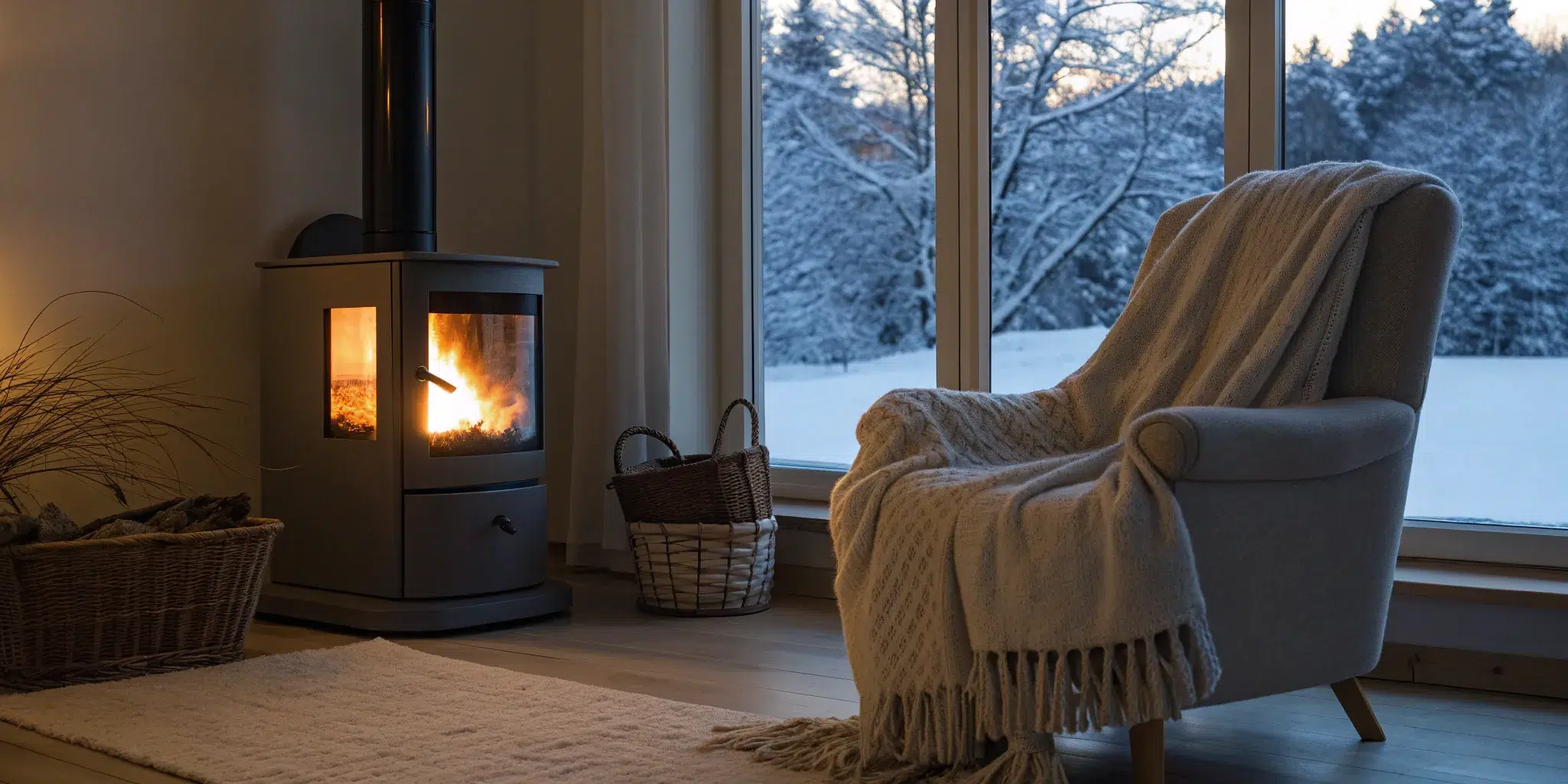 A warm living room with a wood stove providing emergency heat as snow falls outside.