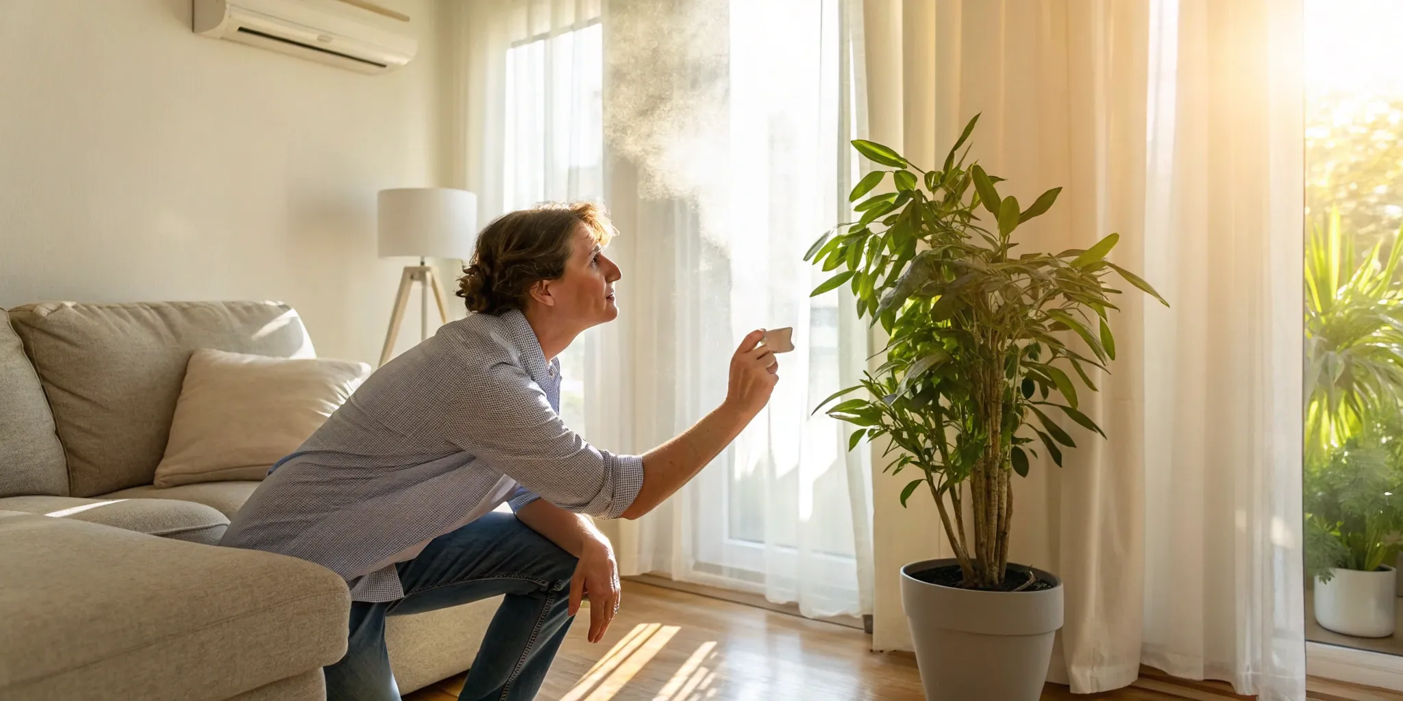 A man looking at his thermostat to figure out why his AC is not cooling.