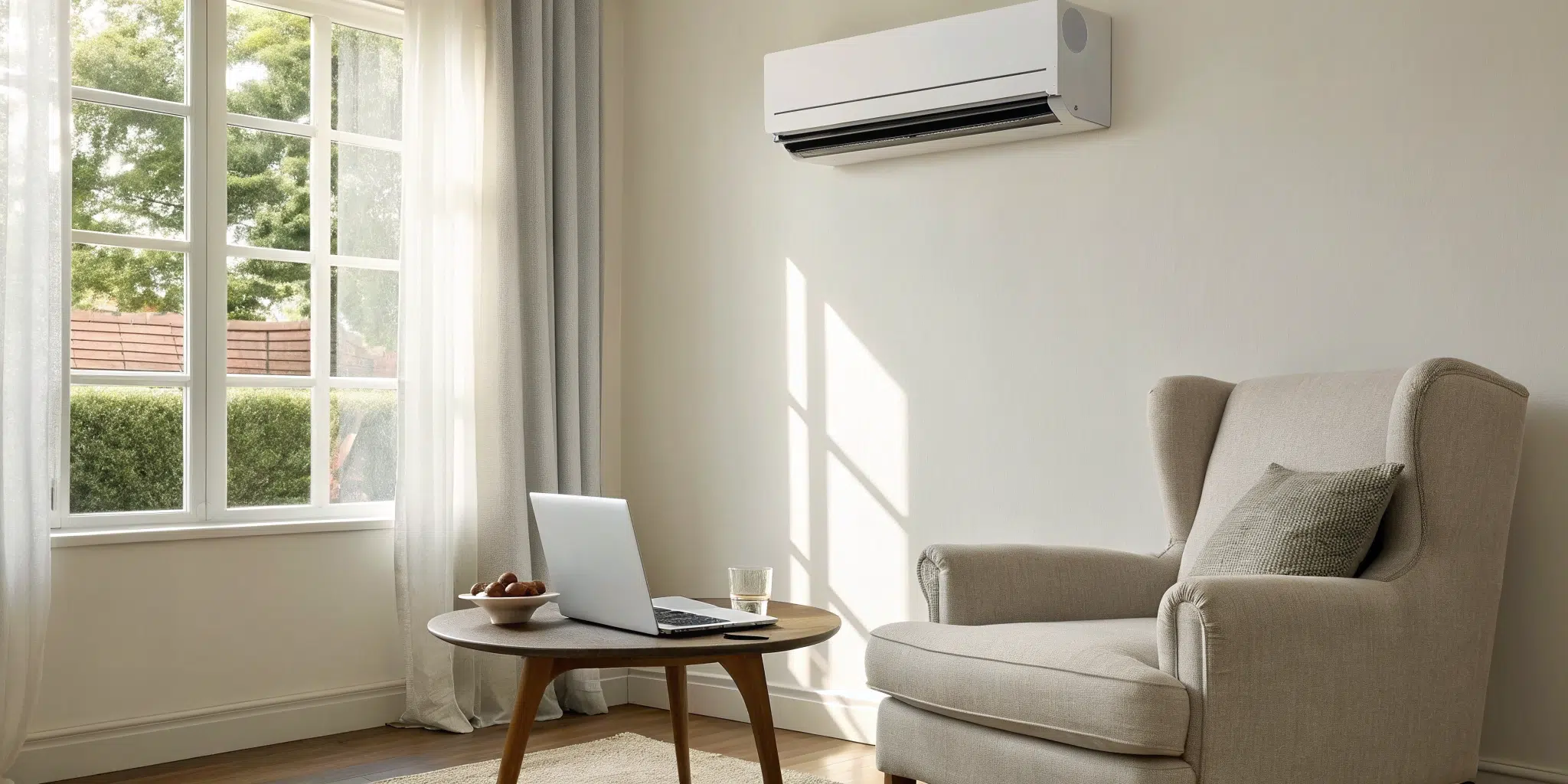 A bright living room with a beige armchair, round wooden table with a laptop and bowl, and a wall-mounted air conditioner above. Sunlight streams through a large window with curtains.