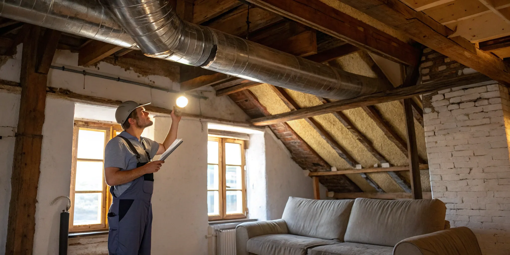 Technician calculating the cost to install ductwork in an old house.