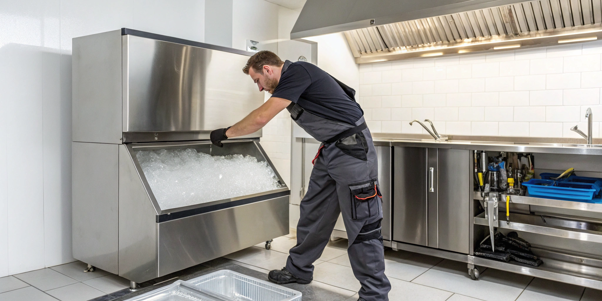 Technician installing a Manitowoc ice machine using the official installation manual.
