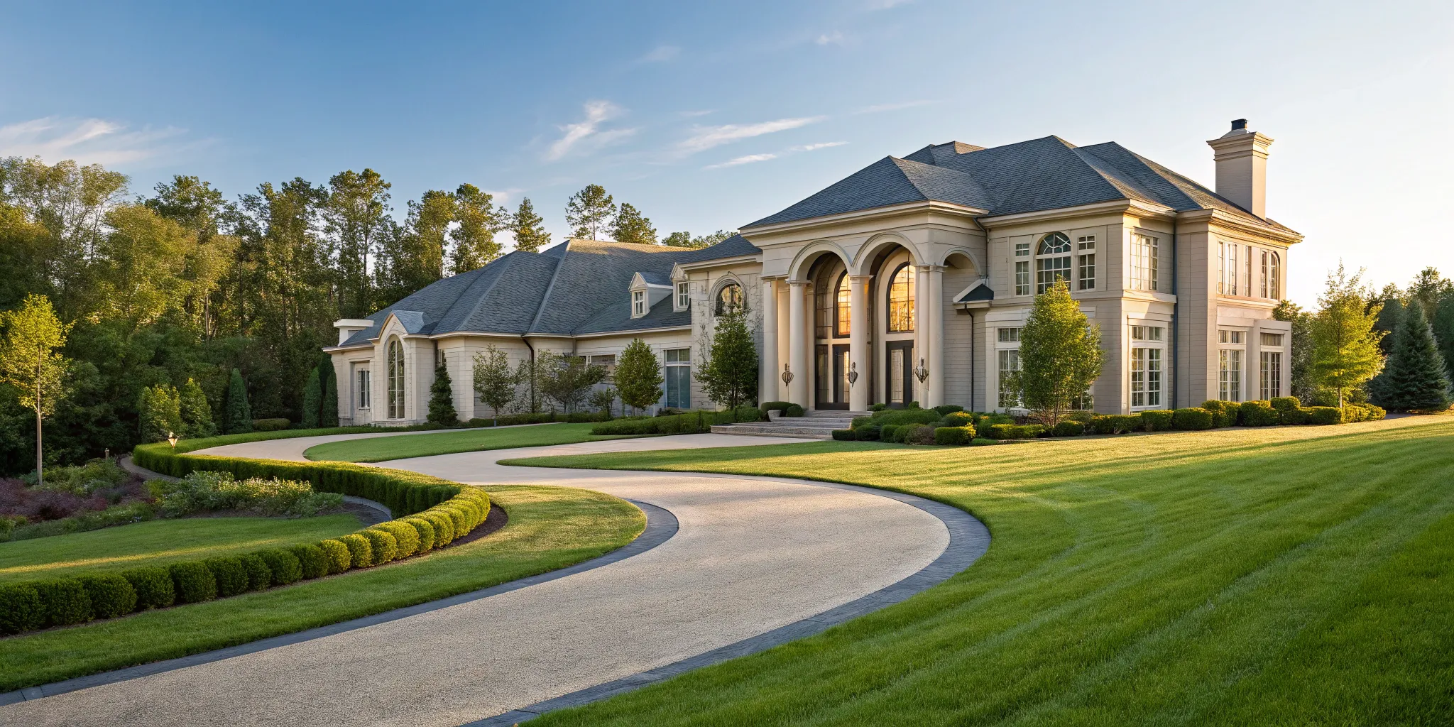 Luxury 10,000 sq ft house with a grand entrance, manicured lawn, and elegant architecture.