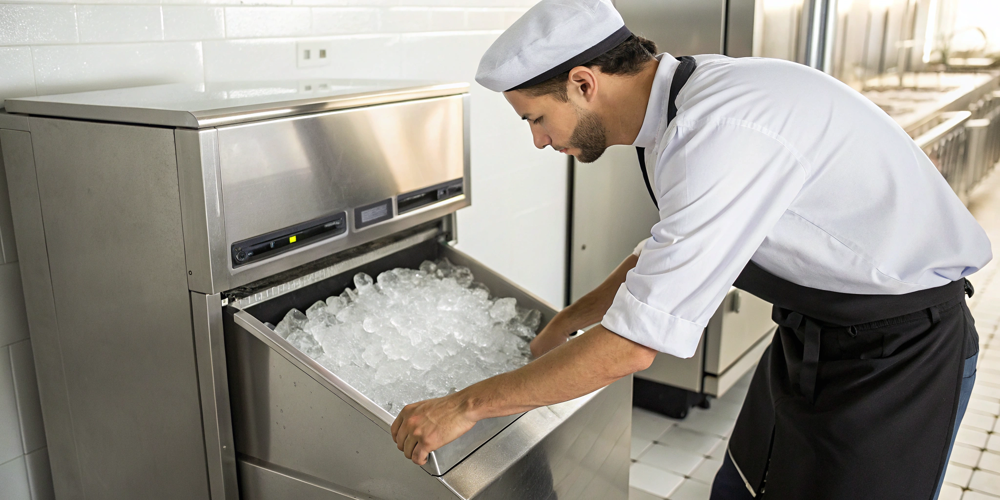 Chef checking a commercial ice machine during routine service.