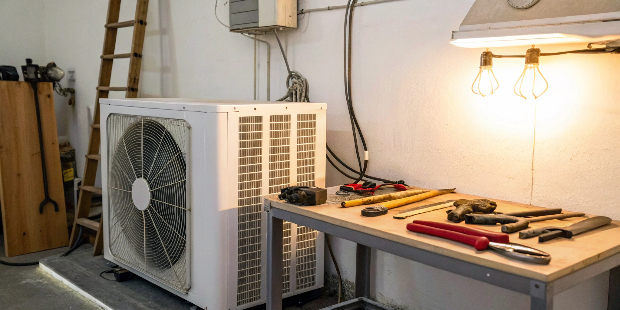 Commercial HVAC unit with tools for a maintenance checklist PDF.