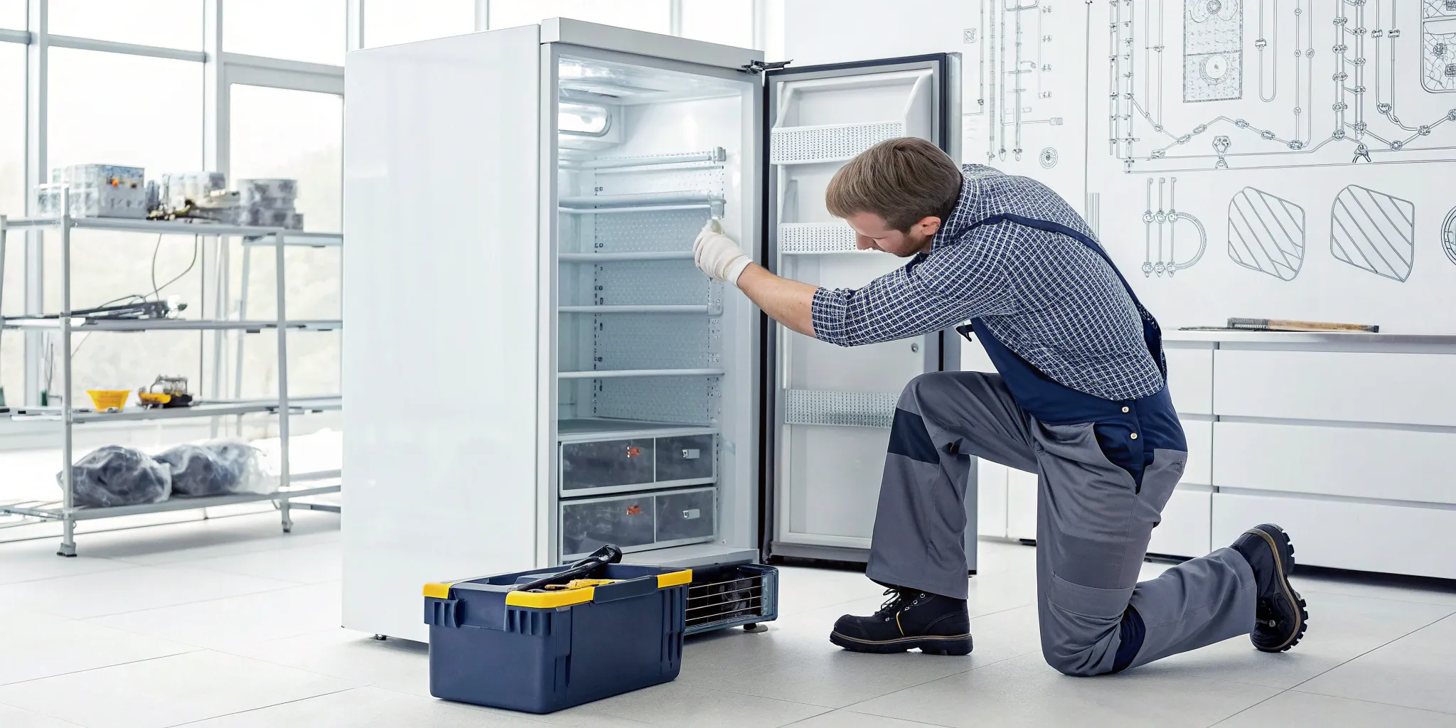 Technician working on a commercial refrigerator as part of a preventative maintenance plan to save money.