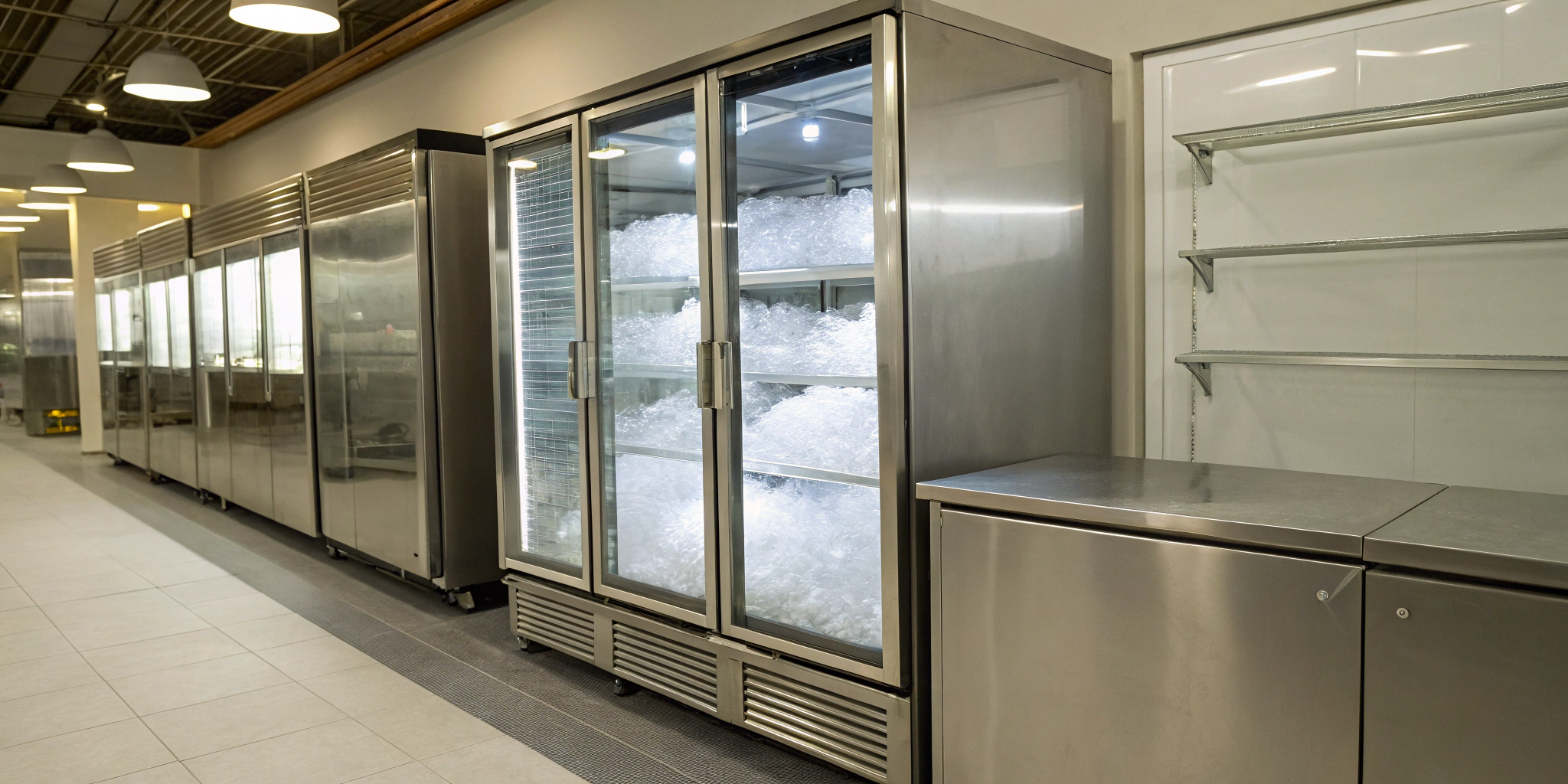 Outdoor ice merchandiser filled with bags of ice and available for rental.