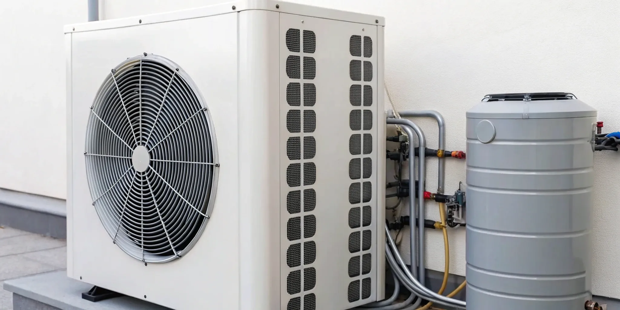 An outdoor heat pump unit connected for professional repair and service.