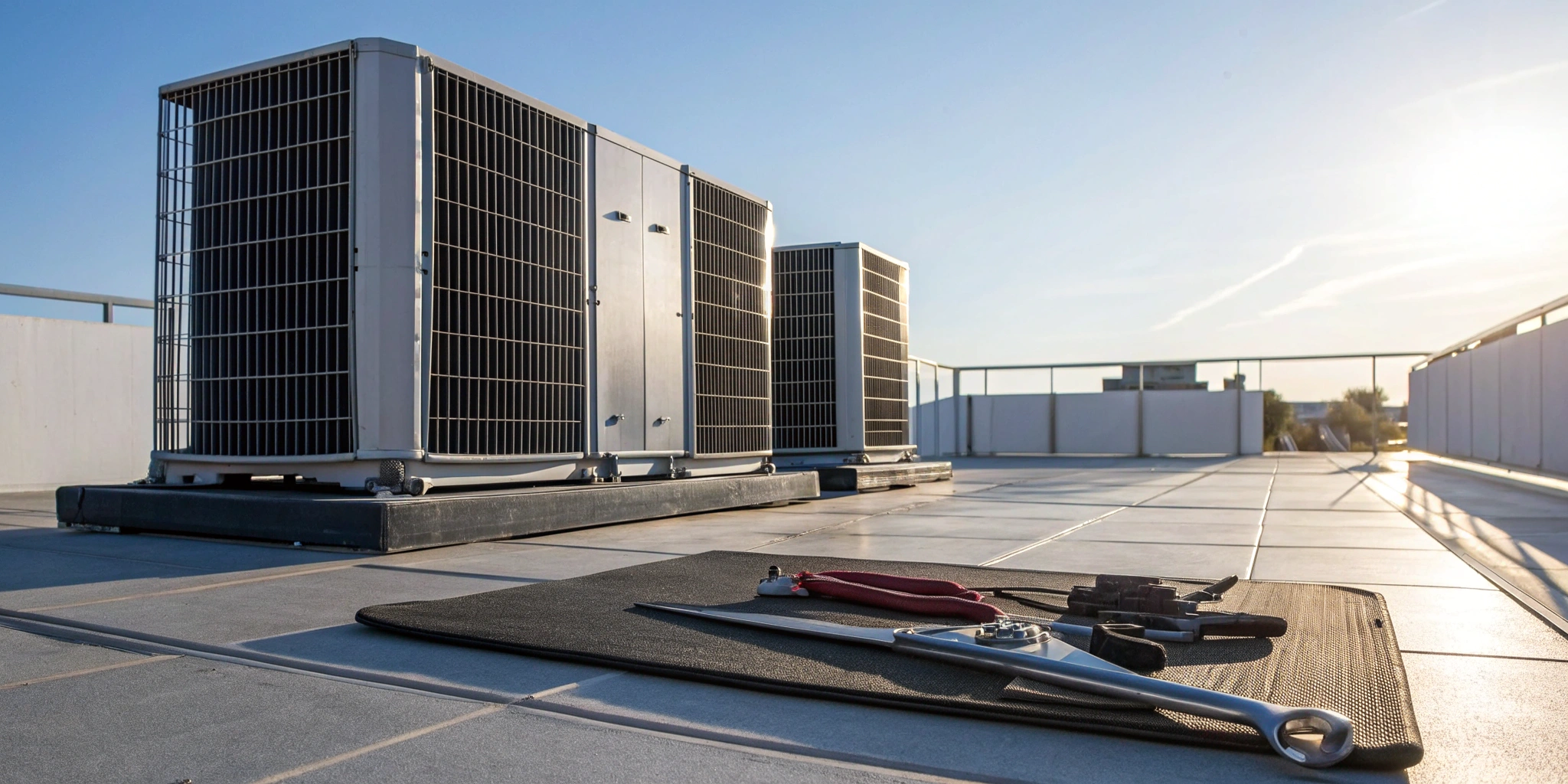 A rooftop package unit with tools laid out for maintenance next to a checklist PDF.