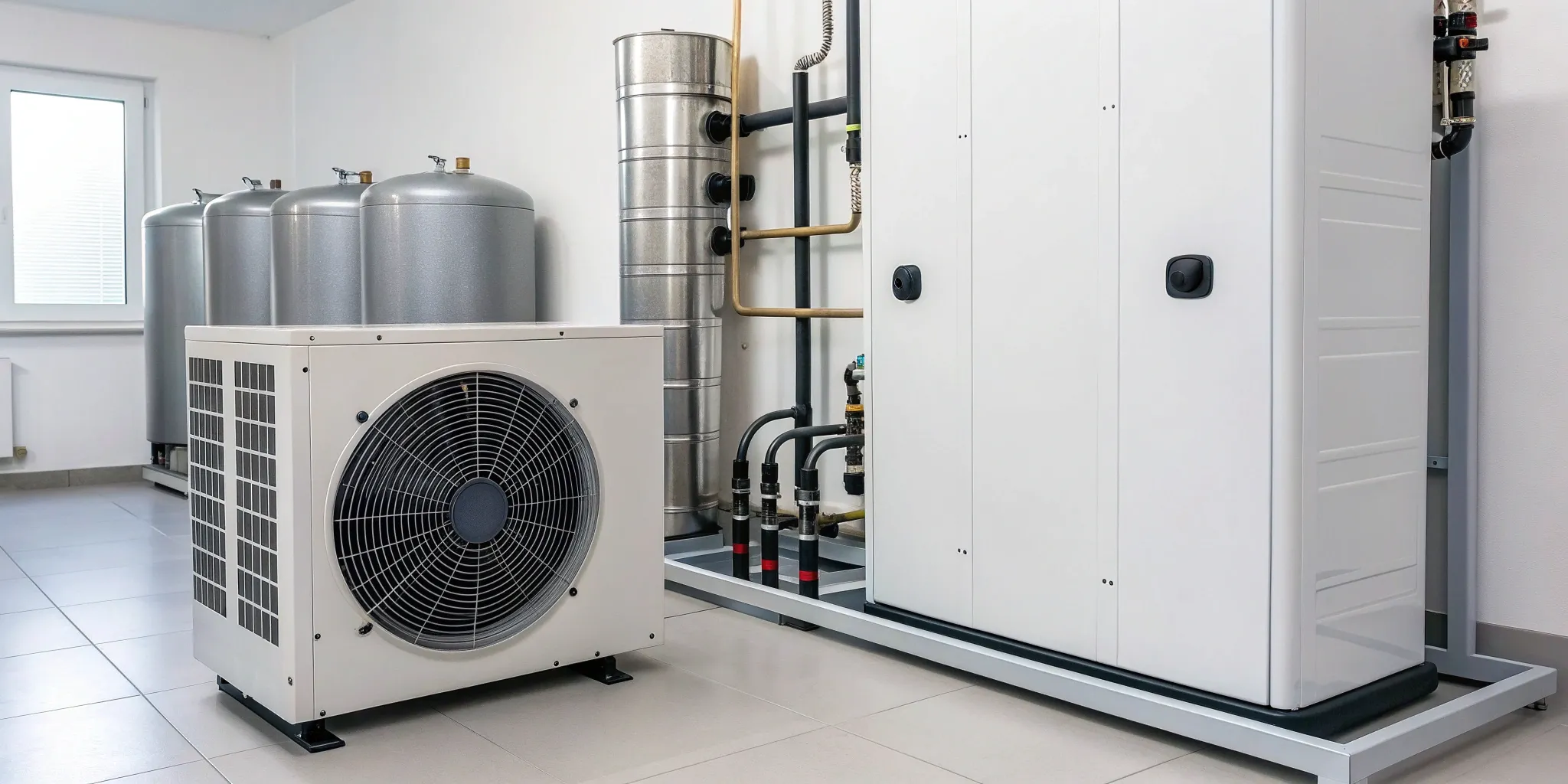 Water source heat pump in a utility room, ready for a maintenance checklist inspection.