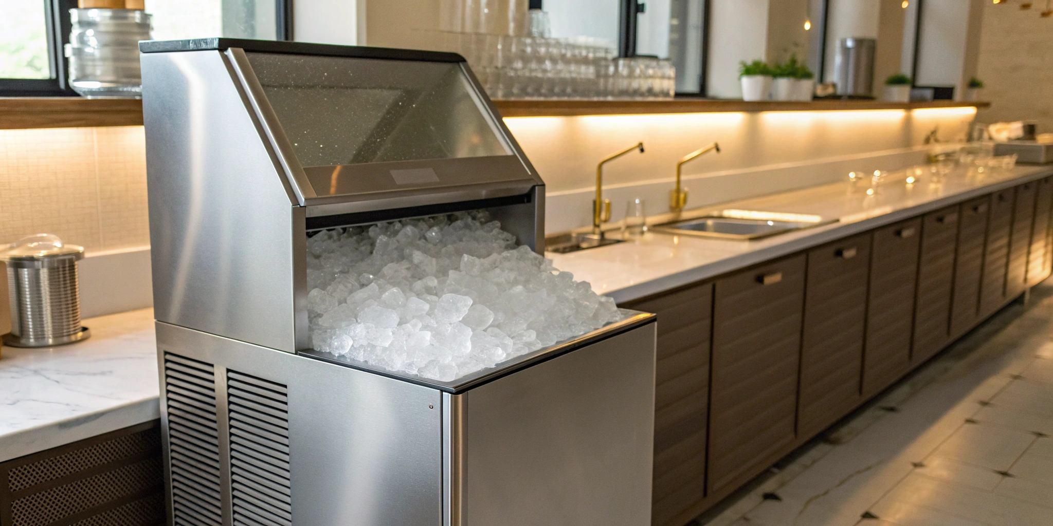 A 200 lbs commercial ice maker with its storage bin full of clear ice cubes.
