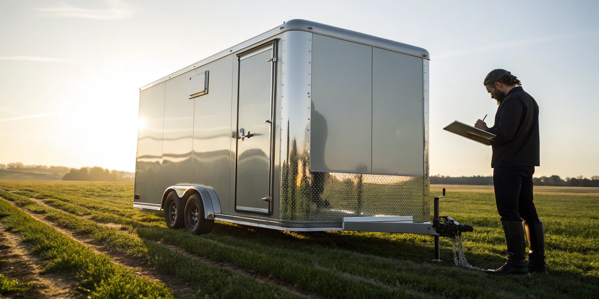 A person inspects an Icebox mobile refrigeration unit set up in a field at sunset.