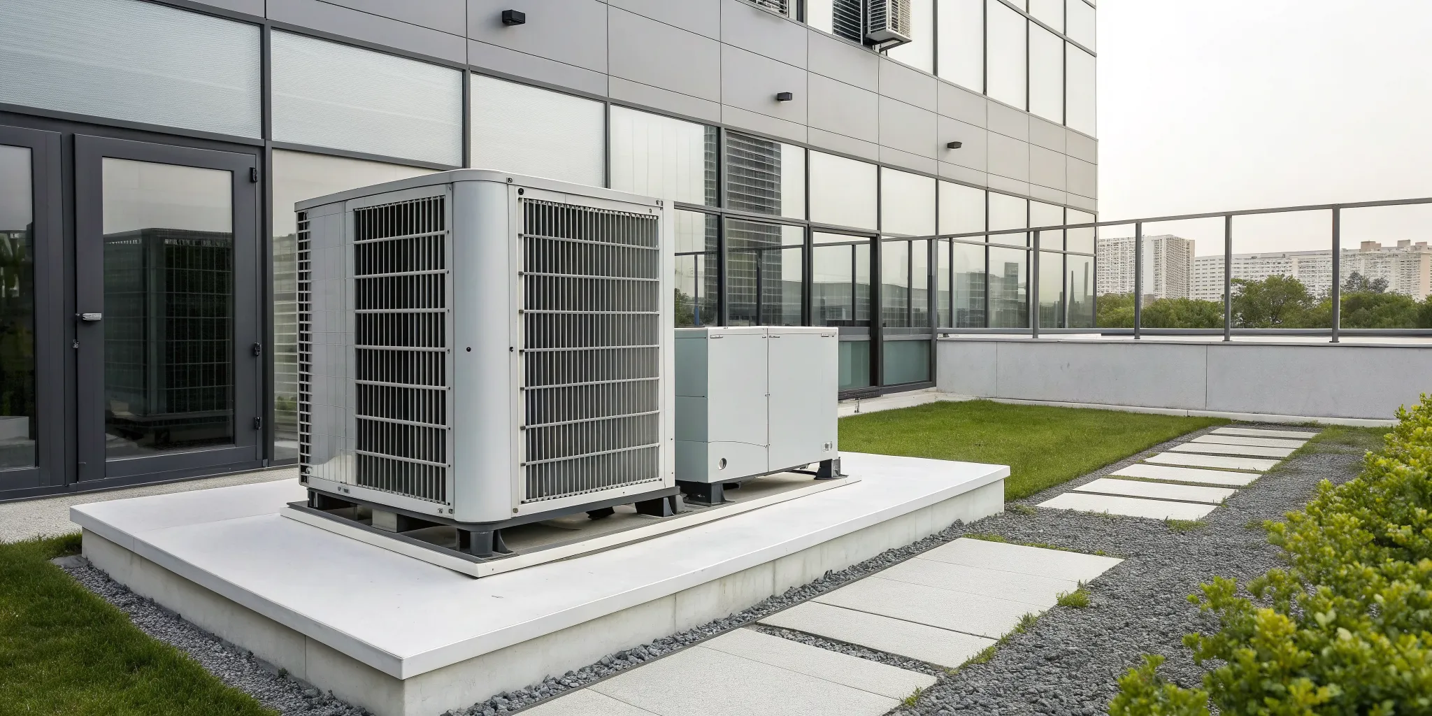 A new HVAC system's outdoor unit, a primary factor in the total replacement cost.