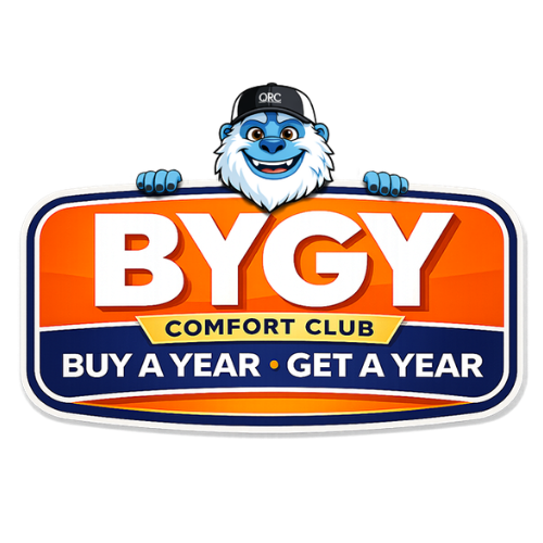 Logo with a blue yeti mascot in a cap above an orange sign that says "BYGY Comfort Club: Buy a Year, Get a Year.