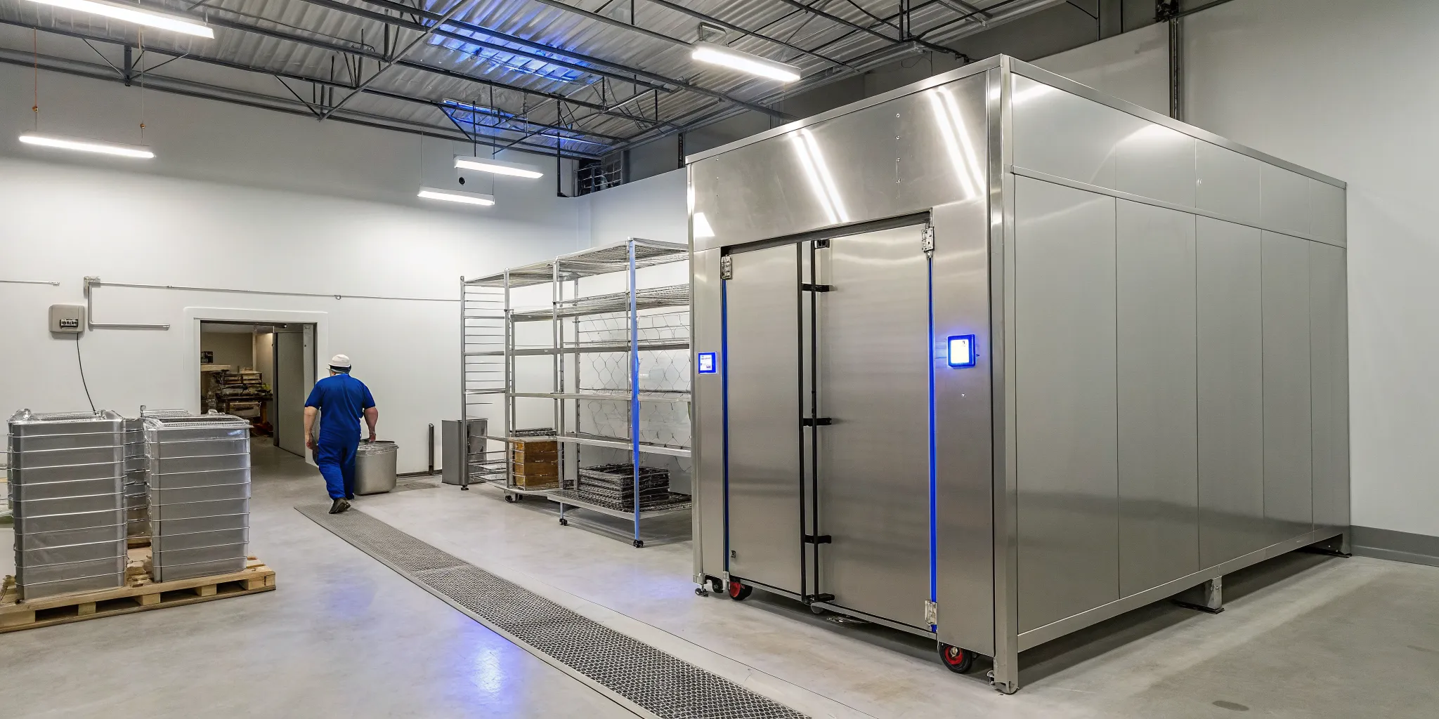 Installation of a commercial walk-in freezer with a stainless steel interior.