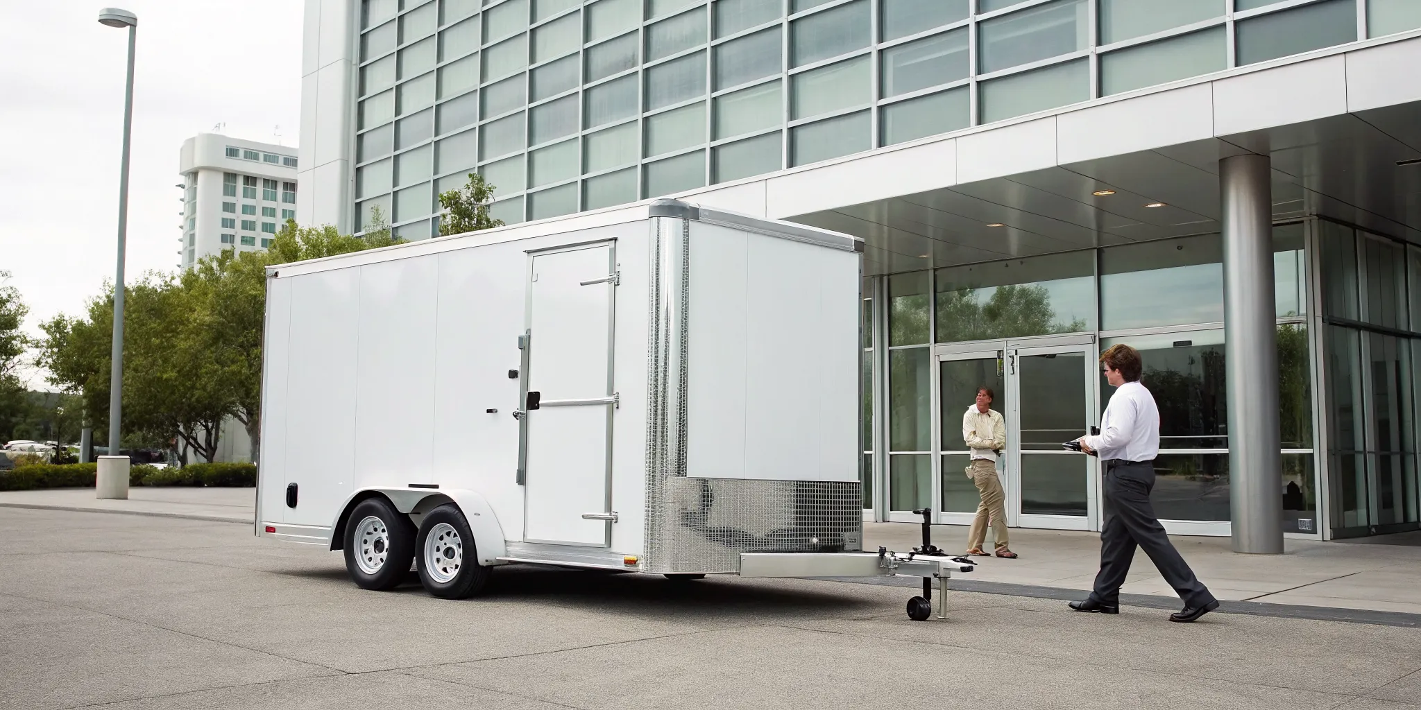 Two people discuss the cost to rent a mobile cooler trailer outside a commercial building.