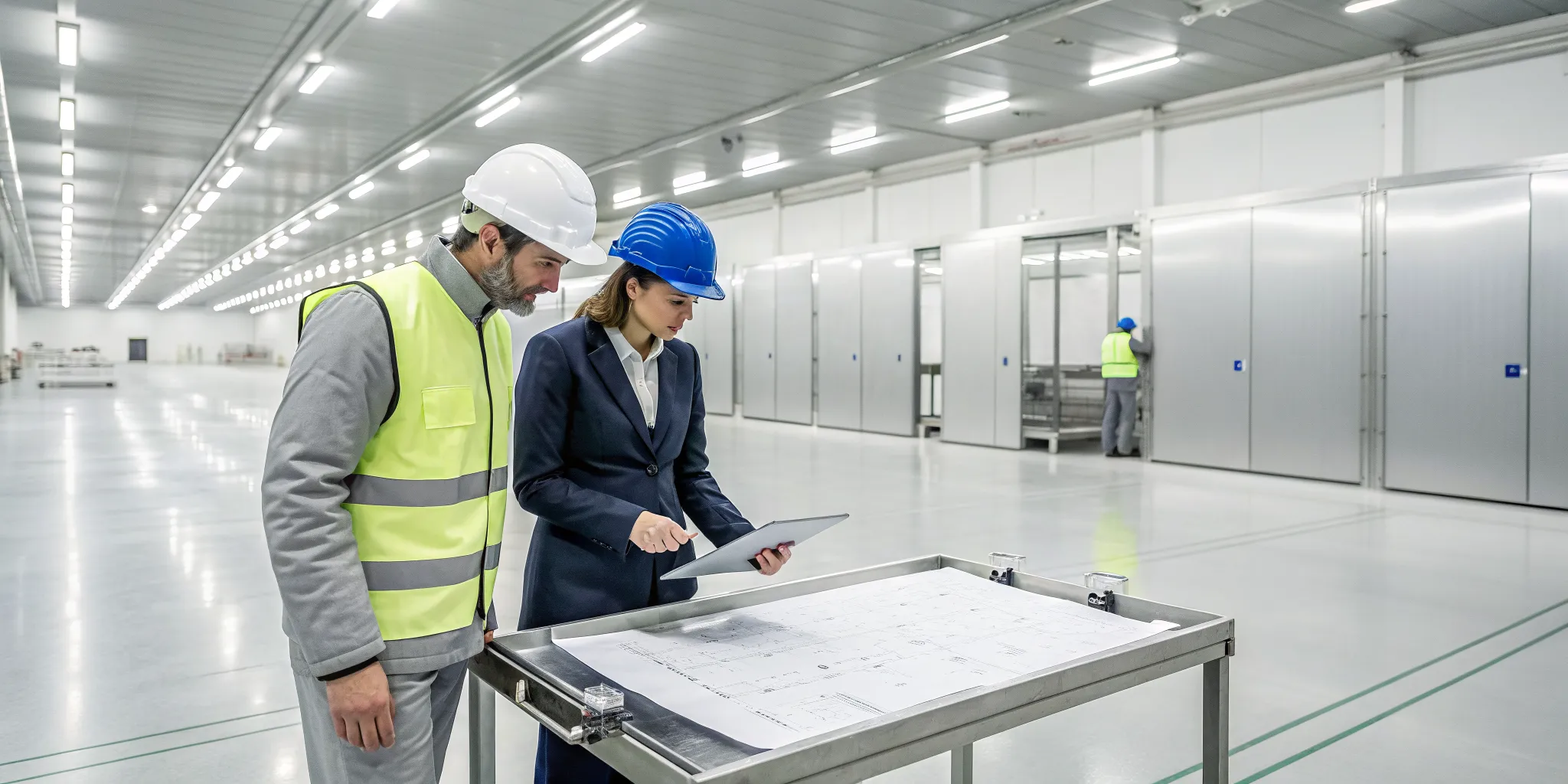 Refrigeration contractors reviewing blueprints in a Lexington food distribution center.