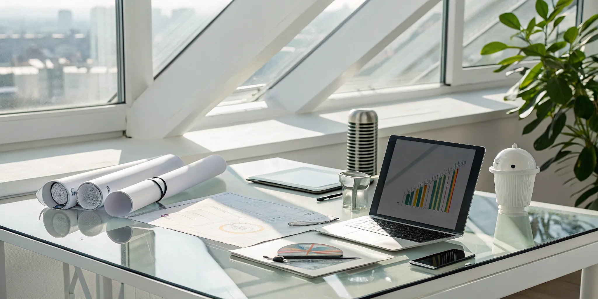 Calculating the total cost of a new HVAC system using a laptop with a cost analysis chart and blueprints.