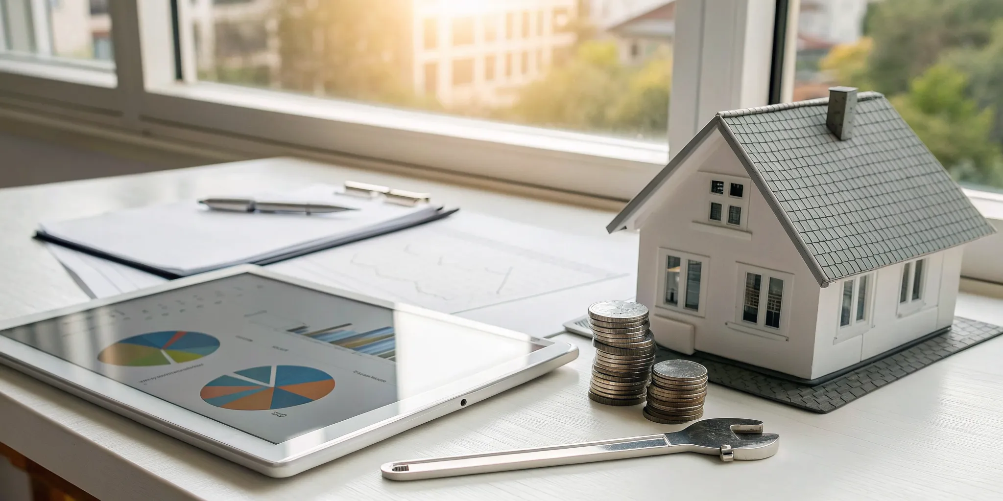 Calculating the total cost of a new HVAC system in Kernersville using a model house, coins, and a wrench.